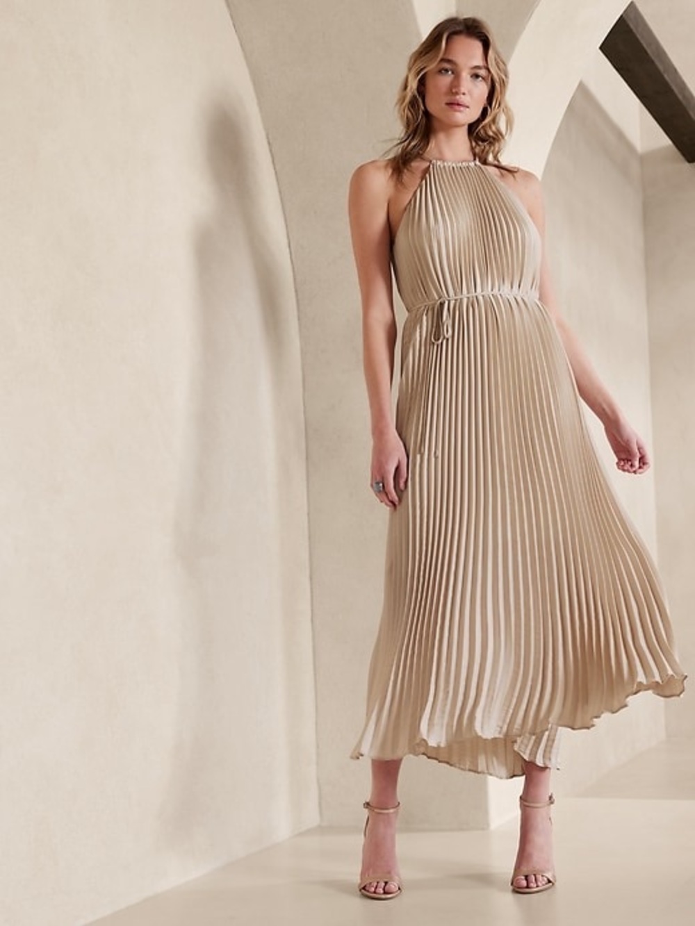 Banana Republic Pleated Halter Dress in Beige